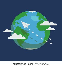 Avión y globo. Los aviones vuelan alrededor del planeta Tierra con continentes y océanos. plano de papel. ilustración plana. vector. Vuelo en avión, mundo de los viajes en avión.