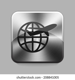 Airplane and globe chrome or metal  button or icon vector illustration