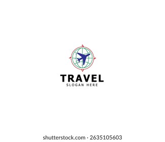 Airplane with globe and compass logo design. concept of travel, transport, logistics delivery vector icon illustration.