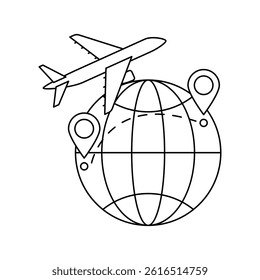 Airplane with globe icon. Air travel and tourism item.