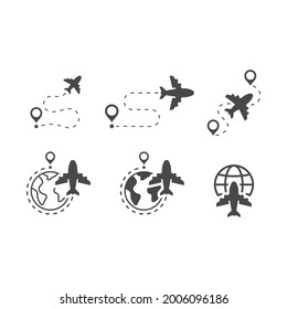 Juego de iconos de vectores de avión, globo y alfiler de ubicación. Ruta de línea de vuelo recortada, símbolos de vuelo de avión comercial.