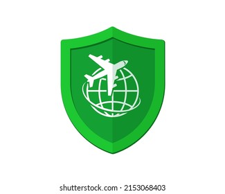 Airplane with globe on green shield. Travel insurance concept. Safe flight by plane badge concept. Jet trip protection symbol. Safety aircraft journey vector isolated eps sign