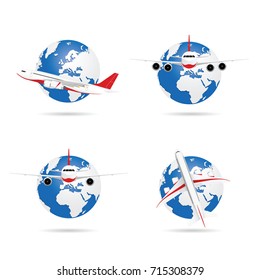 airplane with globe set, colorful illustration 