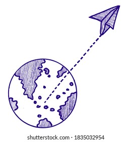 airplane and globe, sketch illustration
