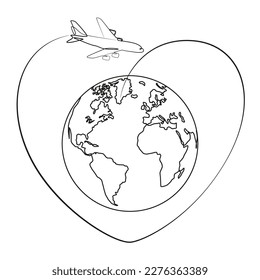 Airplane and globe vector image on white background. Travel by plane around the world. Around the world sketch for tattoo or print. Airplane flight graphic picture. Airplane line drawing.