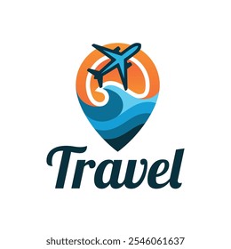 Diseño de logotipo de avión, globo terráqueo y olas, bueno para la exploración global, la aventura y los servicios de viajes