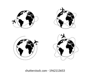 Airplane and globe.Earth globe Icon set Plane flying around Earth planet.Airplane traffic around the world .Black and line flat icons.