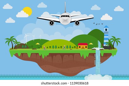 Airplane let’s go to trip and island landscape in the flat style. vector illustration