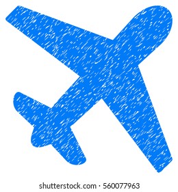 Airplane grainy textured icon for overlay watermark stamps. Flat symbol with scratched texture. Dotted vector blue ink rubber seal stamp with grunge design on a white background.