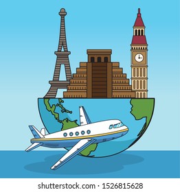 airplane and half of earth planet with world monuments over blue background, colorful design. vector illustration