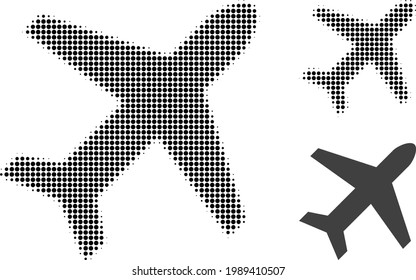 Airplane halftone dotted icon. Halftone array contains round dots. Vector illustration of airplane icon on a white background.