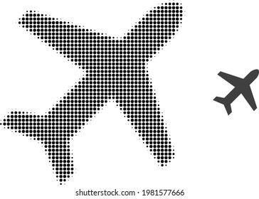 Airplane halftone dotted icon illustration. Halftone array contains circle dots. Vector illustration of airplane icon on a white background. Flat abstraction for airplane object.