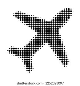 Airplane halftone dotted icon. Halftone pattern contains round pixels. Vector illustration of airplane icon on a white background.