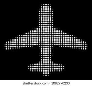 Airplane halftone vector icon. Illustration style is dotted iconic airplane symbol on a black background. Halftone matrix is build with spheric items.