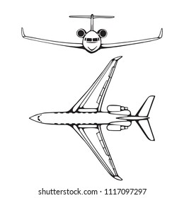 Airplane. Hand drawn airplanes illustrations set.
Airplane top and front views. Business jet icon.