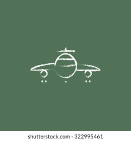 Airplane hand drawn in chalk on a blackboard vector white icon isolated on a green background.