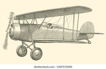 Airplane. Hand drawn engraving. Editable vector vintage illustration. Isolated on light background. 8 EPS