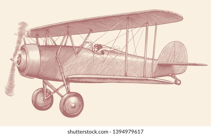 Airplane. Hand drawn engraving. Editable vector vintage illustration. Isolated on light background. 8 EPS 