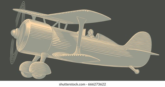 Airplane. Hand drawn engraving. Vector vintage illustration. Isolated on color background. 8 EPS