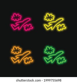 Airplane Hand Drawn Flight Between Clouds four color glowing neon vector icon