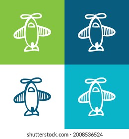 Airplane Hand Drawn Toy From Top View Flat four color minimal icon set