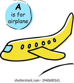 airplane hand drawn vector llustration. Sketch. Doodle. Concept for kids children print, clothes, learning material, alphabet, wrapping paper. Design for poster, kitchen textiles, clothing