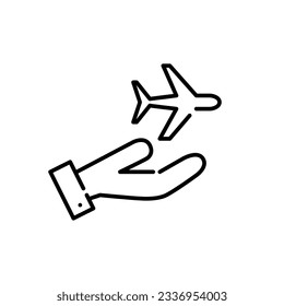Airplane in hand. International travel and delivery services. Pixel perfect, editable stroke