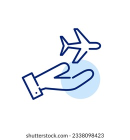 Airplane in hand. International travel and delivery services. Pixel perfect icon