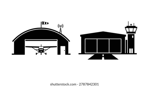 Airplane hangar and air traffic control tower black silhouette against a white background