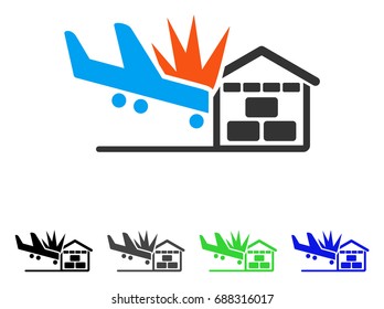 Airplane Hangar Crash flat vector pictograph. Colored airplane hangar crash gray, black, blue, green pictogram variants. Flat icon style for graphic design.