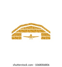 Airplane hangar icon in gold glitter texture. Sparkle luxury style vector illustration.