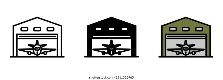 Airplane Hangar Icon, Eine große, geschlossene Struktur, die für die Unterbringung und Wartung von Flugzeugen konzipiert wurde und Schutz vor Wetter und Raum für Reparaturen bietet.