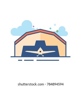 Airplane hangar icon in outlined flat color style. Vector illustration.
