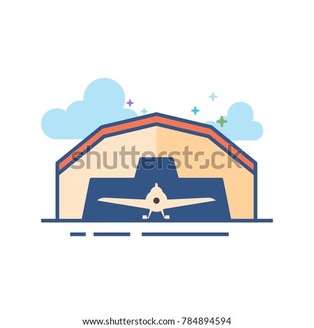 Airplane hangar icon in outlined flat color style. Vector illustration.