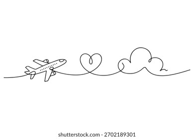 Airplane heart path minimal continuous line art travel concept
