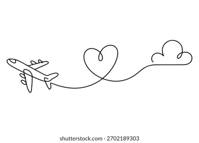 Airplane heart path minimal continuous line art travel concept

