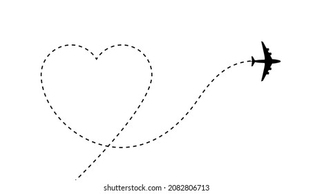Airplane heart path route shape travel vector destination journey. Airplane heart route path