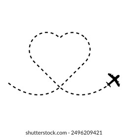 Airplane heart route. Vector flight path. Black and white. Dotted love travel line.
