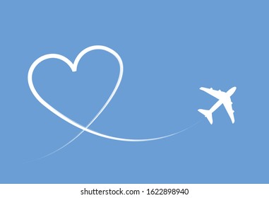 Airplane with heart shaped condensation trail on simple blue sky