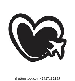 Airplane and heart vector image on white background. Traveling by plane. Love to travel graphic picture. Linear image of an airplane. Sketch for tattoo or print. Vector illustration