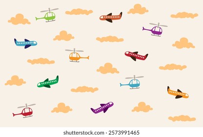 Airplane and Helicopter Around Clouds