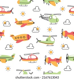 Airplane and helicopter doodle cartoon kids seamless pattern background vector illustration