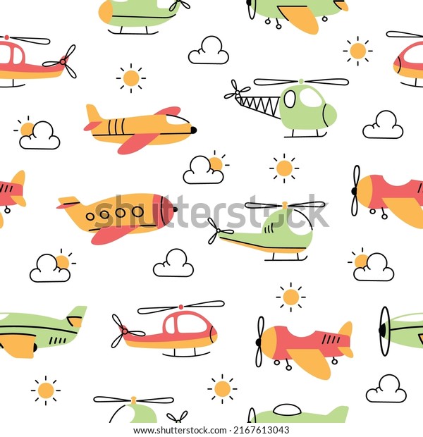 Airplane and helicopter doodle\
cartoon kids seamless pattern background vector\
illustration