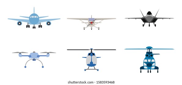 Airplane, Helicopter and drone symbols presented as flat icons. Icon set of flying transportation and flying objects. Flying machines.