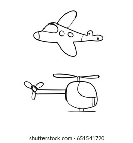 Airplane and helicopter hand drawn. Pattern. 