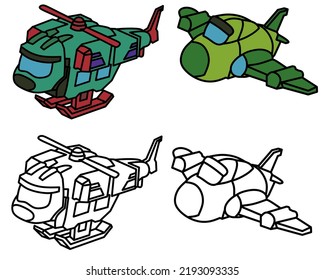 airplane and helicopter vector image for coloring book.
