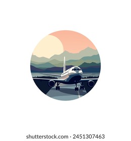 Airplane with hills landscape vector logo, jet clipart badge, isolated vector flat round illustration concept for airline, travel company or tourism destination