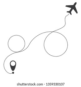 Airplane and his trail on a white background, starting point and dotted line for flight or travel. Vector illustration