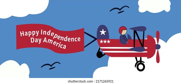 Airplane holding text banner of Happy Independence Day America. Suitable for greeting card, social media and poster