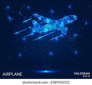 Airplane hologram. Airplane is made of polygons, triangles, dots, and lines. Airplane is a low-poly compound structure. Technology concept vector.